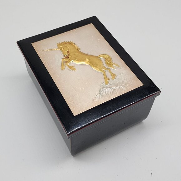 Gold Unicorn Black Lacquered Decorative Wooden Trinket Box With Velvet Interior - Picture 1 of 8